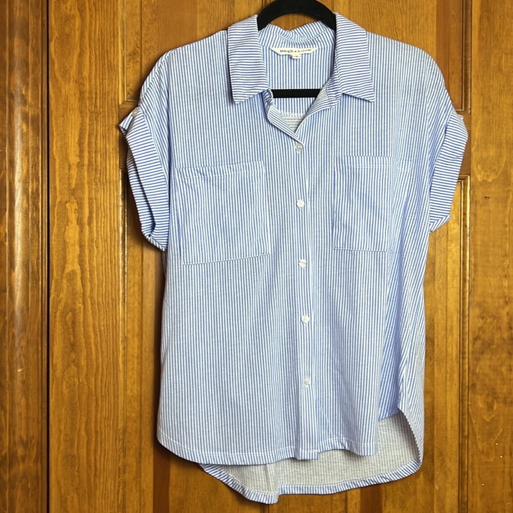 Women's Size Large Mesh+Lace Blue & White Striped Short-Sleeve Button-Down Top
